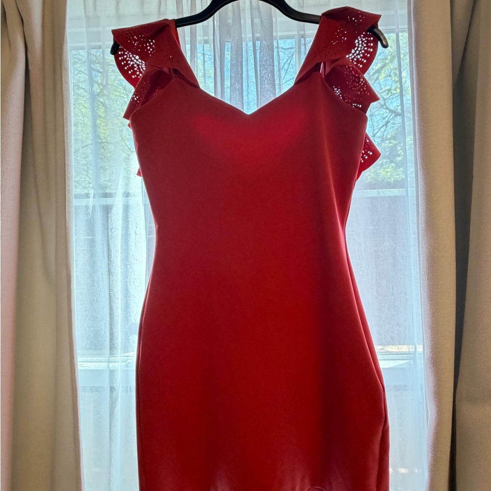 Parker Coral Red V-Neck Mini Dress with Ruffle Laser-Cut Sleeves